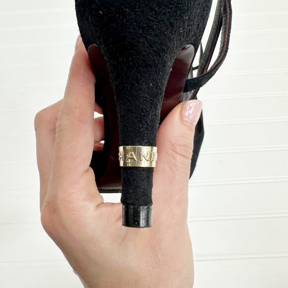 Chanel Slingback Heels Suede Cap Toe Black Gold Emblem CC Heel 36.5 - Picture 9 of 11